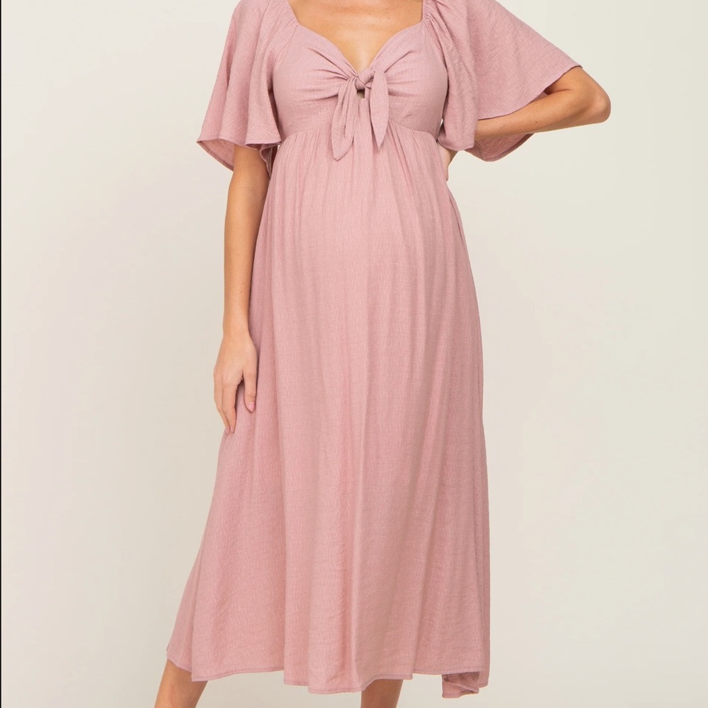 Pink Blush Maternity Mauve Front Tie Ruffle Sleeve Midi Dress